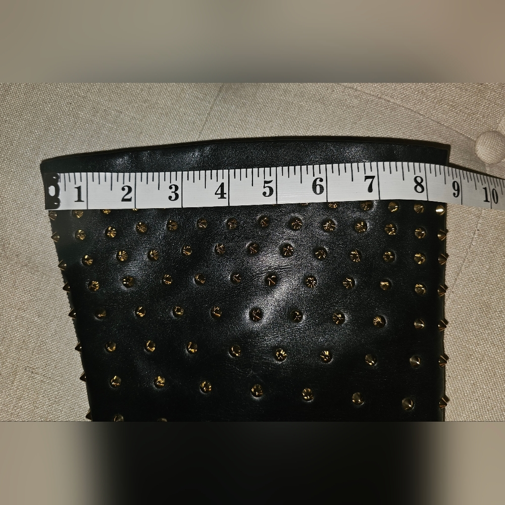 New Monica Chiang Thigh High Black Leather Gold Studs Covered Wedge Boots 40 - Picture 13 of 16